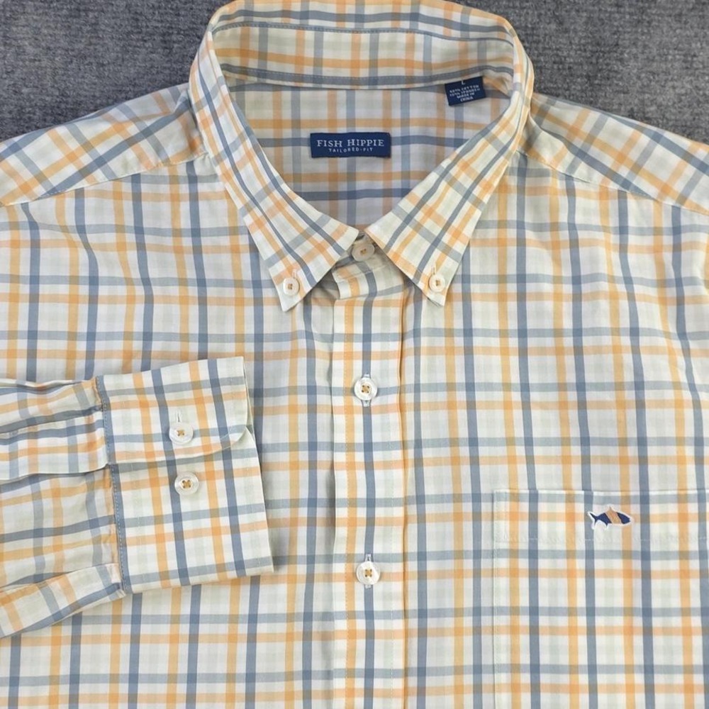 Fish Hippie Shirt Large Tailored Fit Orange Plaid Cotton Stretch Long Sleeve